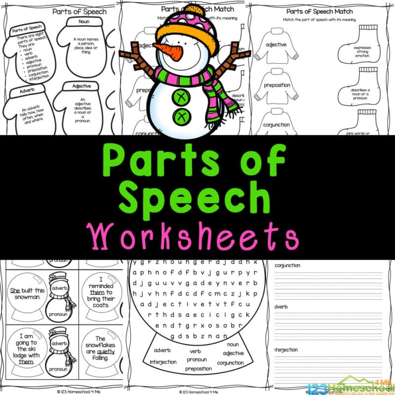 Work on identifying 8 parts of speech with these free printable, Snowman Parts of Speech Worksheets perfect for 3rd-6th graders this winter.