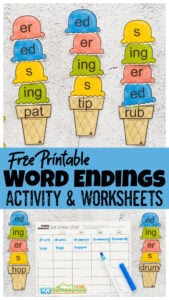 Looking for a fun summer activities for first grade? This word endings game has a fun ice cream theme and coordinationg word ending worksheets to help 1st grade and 2nd graders practice adding endings to words. This language arts activity is a fun word endings activity adding s, ed, ing, and er to words. Simply download pdf file with plural s worksheet pages.