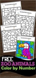 free printable color by number worksheets with a fun zoo animals theme - fun preschool math actiity for mumber recognition