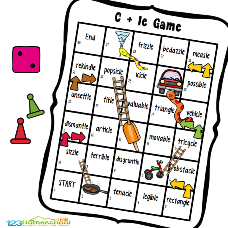 Have fun practicing the consonant le words with this fun, free printable chutes and ladder type phonics game for first grade and 2nd graders!